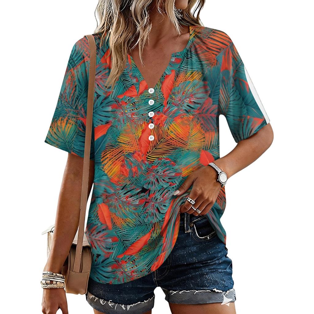 Women's Fashionable Casual Floral Print Button V-neck Short-sleeved Top