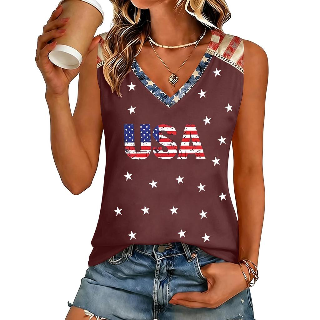 Women's V-Neck Casual Top with Patriotic Independence Day Print