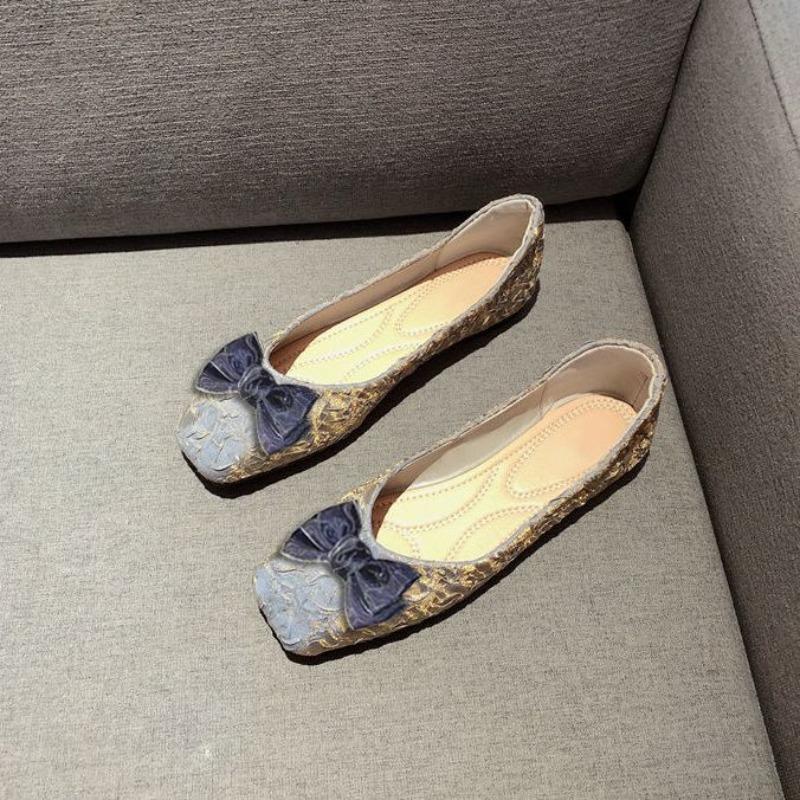 Woman Flats Comfortable 2025 Trend Square Toe With Bow Slip-on Shoes for Women Spring High Quality Chic and Elegant Dress Shoe
