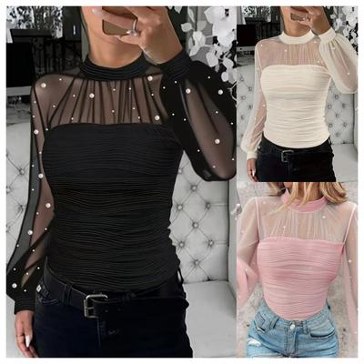 Cross-border New Spring and Autumn Pearl Mesh Splicing Long-sleeved Tops and Bottoming Shirts for Women