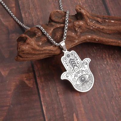 Muslim Moon Goddess Fatima Right Hand Pendant Evil Eye Mary Hand Stainless Steel Necklace