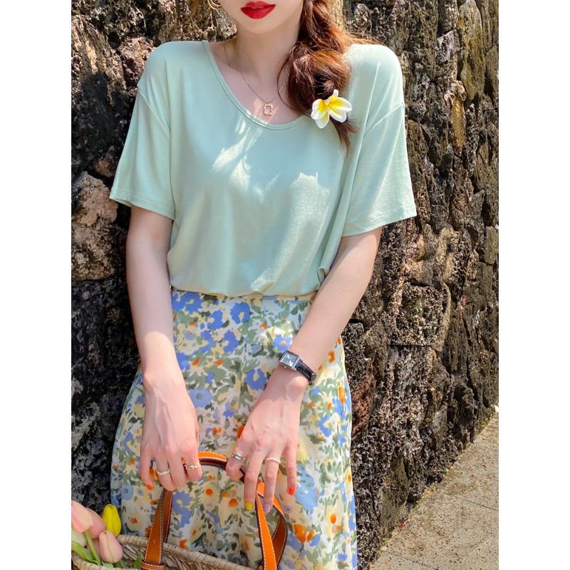 Modal Cotton Short-sleeved Loose T-shirt for Women New V-neck T-shirt Ice Silk Top Summer Green Half-sleeve
