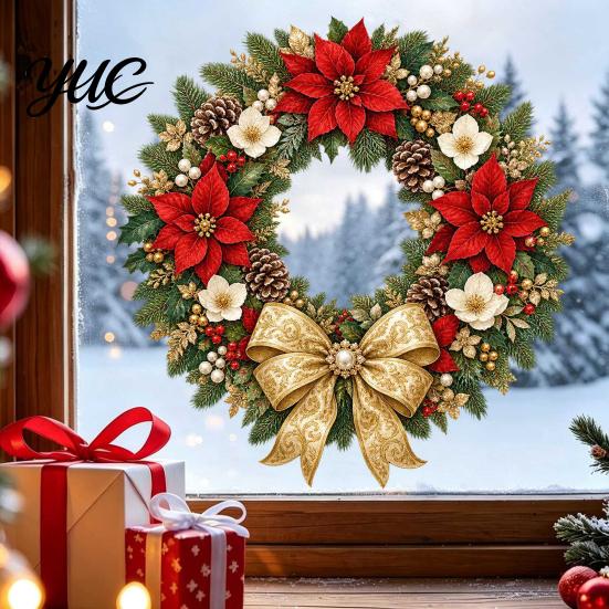 Creative Holiday Gifts Christmas Wreath Window Decals, Removable Stickers with Pine Cone Decorative PVC Wall Bow Berry Poinsettia, Waterproof