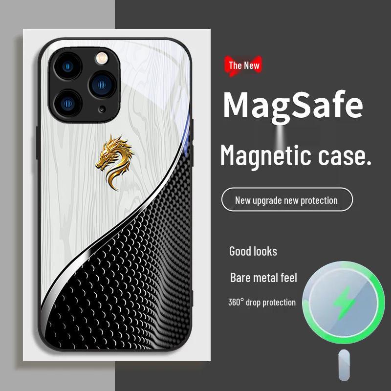 IPhone Hülle: Holzmaserung im chinesischen Stil mit Drachenmotiv, magnetisch, kompatibel mit Modellen 12-16