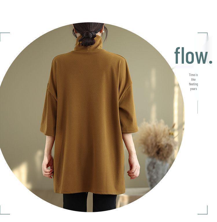 Women's Plus Size Retro High Neck Short Sleeve T-shirt, Autumn 2025, Loose & Slimming Outerwear, Regular Shoulder Base Layer.