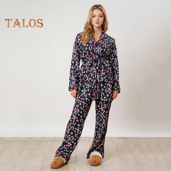 2 buc/set Set pijamale de Crăciun pentru femeie Moș Crăciun imprimeu rever cu mâneci lungi cămașă cu un singur piept, talie elastică, picior lat, îmbrăcăminte pentru casă, cămașă de noapte