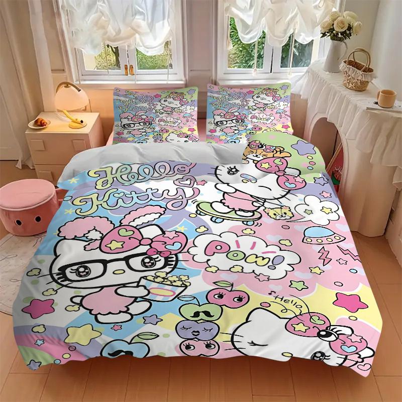 3pcs Colorful Hello Kitty Printed Bedding Set, Soft and Comfortable Quilt Cover for Bedroom, Guest Room (Not Included).W019