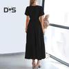 Women's Summer Maxi Dress Casual V-Neck Short Sleeve Tiered Flowy Dress Smocked Waist Pleated Long Dress