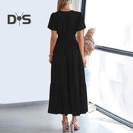 Women's Summer Maxi Dress Casual V-Neck Short Sleeve Tiered Flowy Dress Smocked Waist Pleated Long Dress