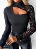Elegant Lace Patchwork Long Sleeve T-Shirt Black Temperament Elegant Slim Fit Show Off Thin