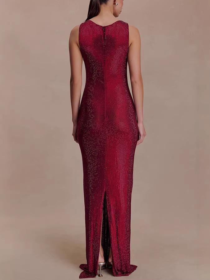 European American Women's Sleeveless Sequin Back Slit Evening Gown