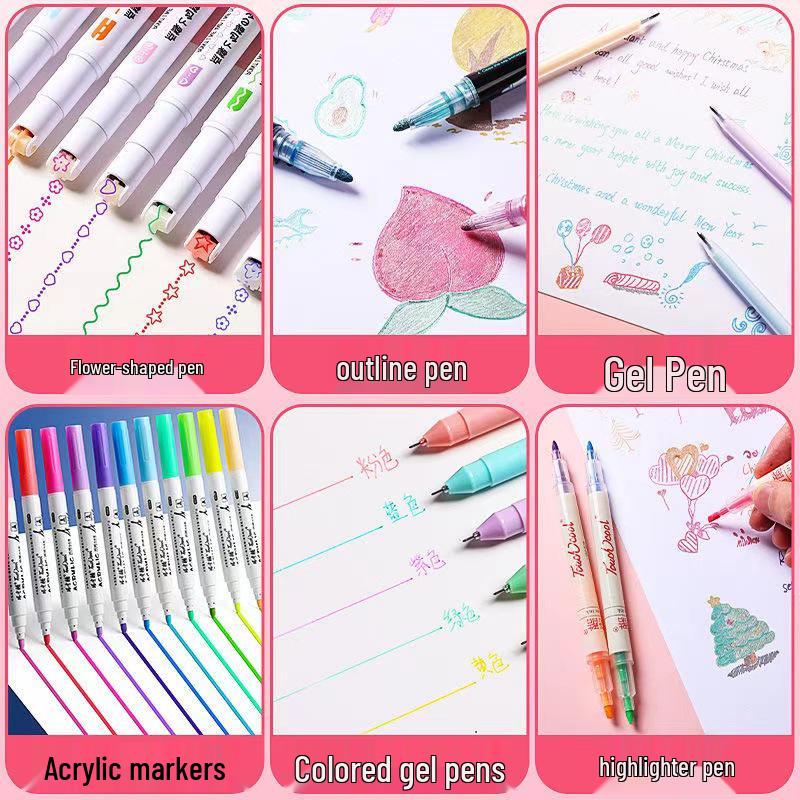 Floral Outline Dual Line Quick-Dry Highlighter Pen Set for Journaling and Student Use