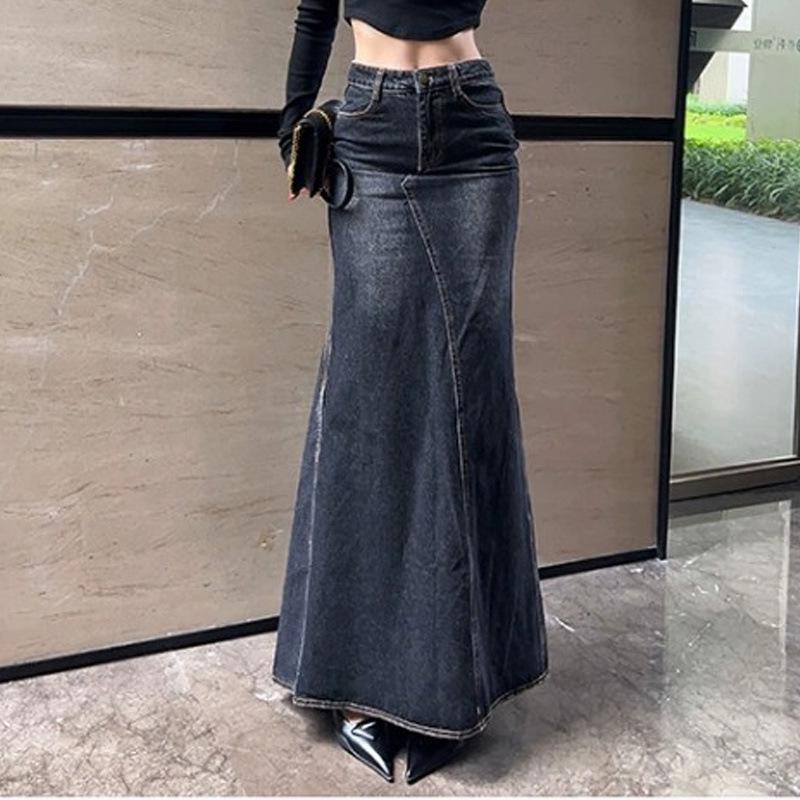 

Retro High-Waisted Fishtail Denim Skirt - Non-Stretch, Bodycon, Long (Autumn/Winter Collection) XL 58-63kg чорний