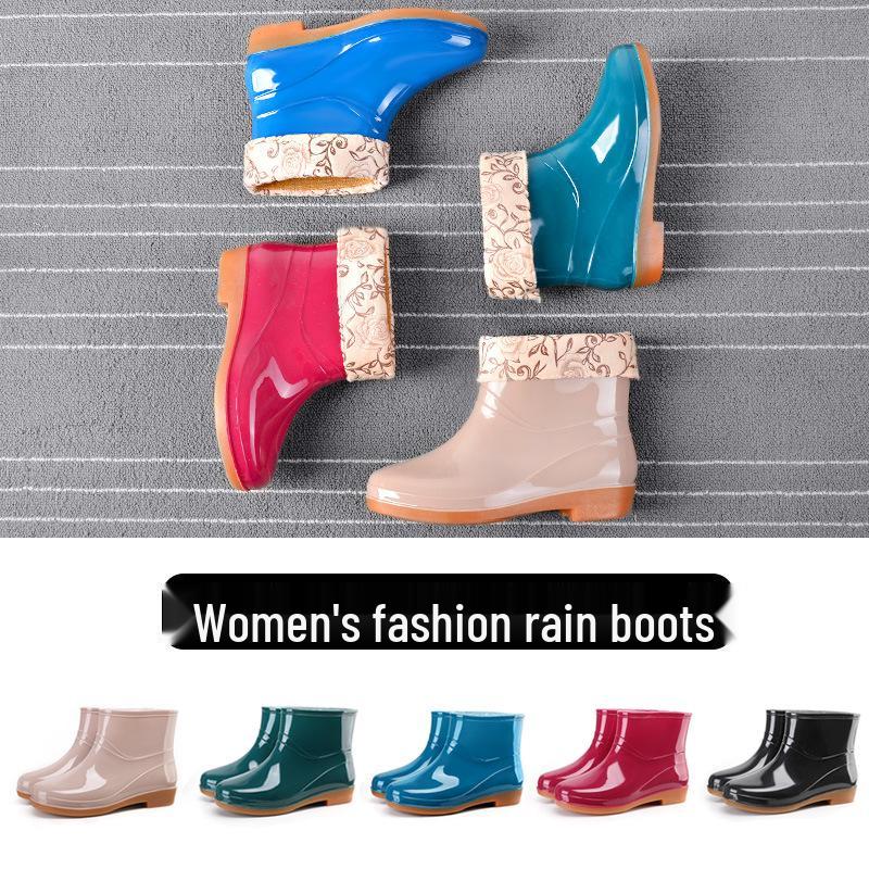 Women's Slip-On Waterproof Short Rain Boots, Non-Slip Mom Shoes for Kitchen, Home & Garden with Tendon Sole