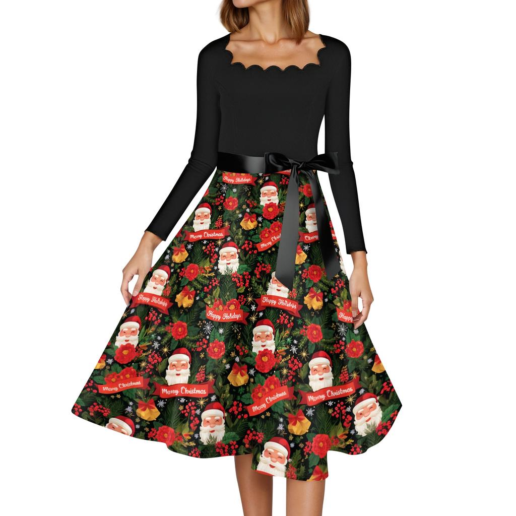 Women's Casual Fashion Christmas Print Square Neck Vintage Dress for Holiday Party