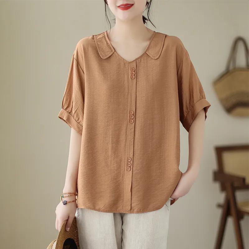 Women's Solid Color Peter Pan Collar Loose Short Sleeve Shirt Casual Artistic Office Top