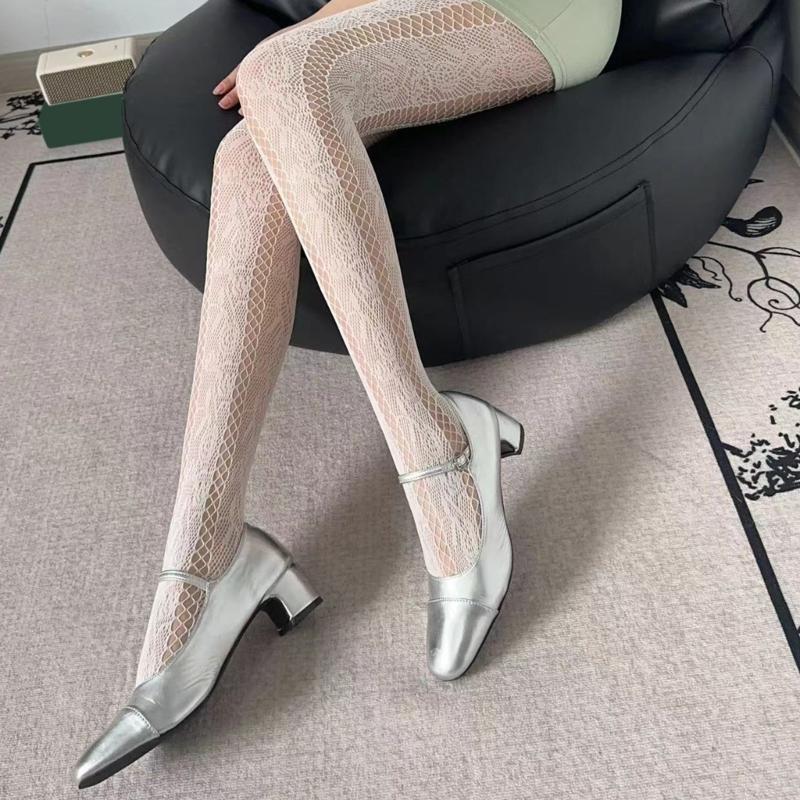 Women French Style Vintage Fishnet Pantyhose Rose Jacquard Patterned Sheer Mesh Tights Side Hollow Out Striped Stockings