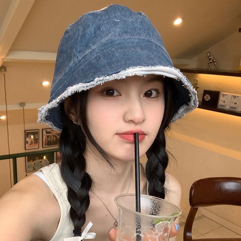 Retro Denim Washed Bucket Hat for Women Fashion Bob Folding Fisherman Cap Outdoor Sunshade Wide Brim Panama Sun Hats