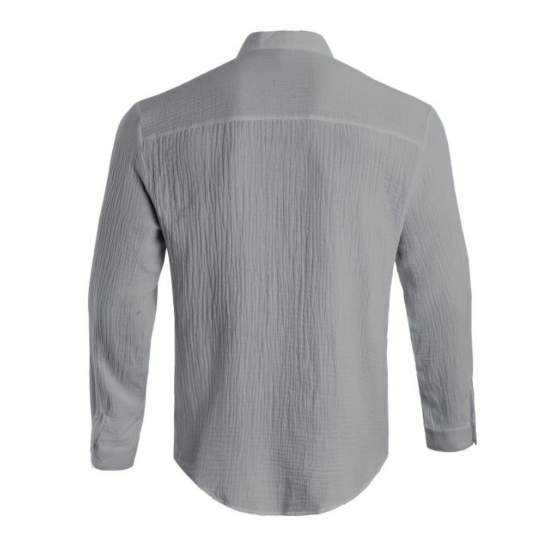 Mens Long Sleeve Stand Collar Solid Color Casual Beach Shirt