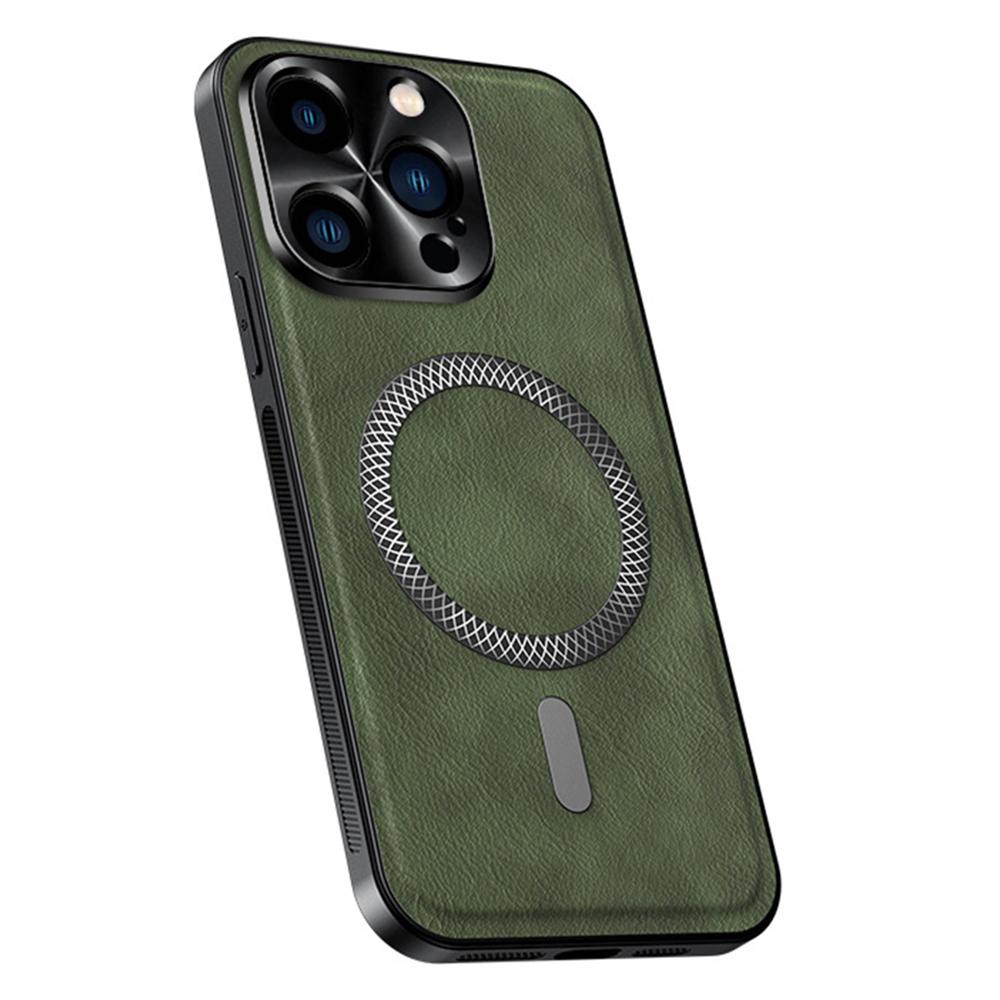 For iPhone 15 Pro Max Case Compatible with MagSafe PU TPU PC Phone Back Cover with Metal Lens Frame