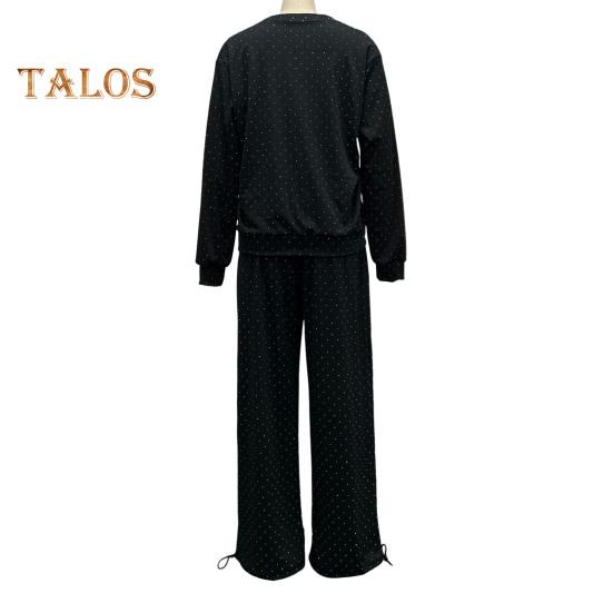 2 Teile/satz Damen Top Hosen Anzug Rundhals Langarm Strass Dekor Sweatshirt Elastische Taille Weite Bein Hose Alltagskleidung Sport Outfit Herbst