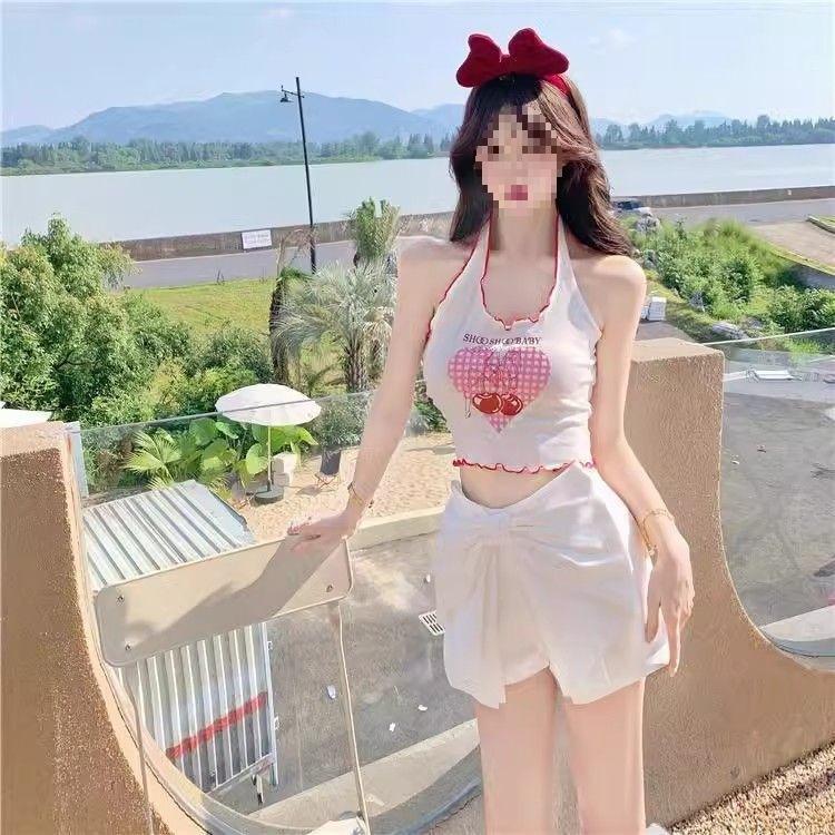 Contrast color pure desire Spice girl hanging neck sweet love printing curled edge sexy short navel sleeveless vest tight top women