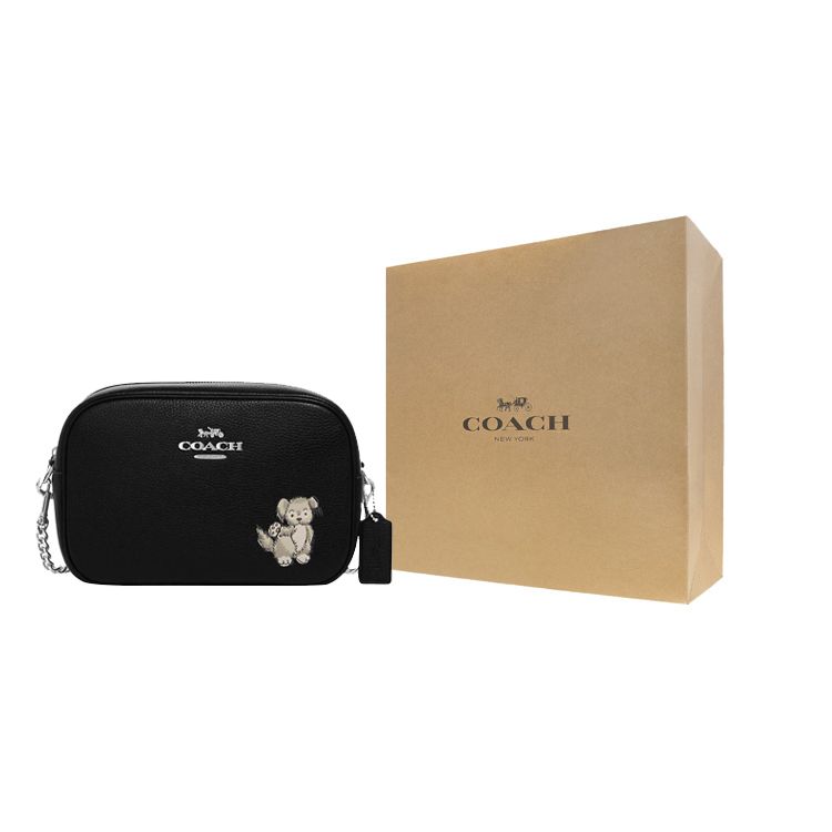 Coach Jamie 24 Zipper Closure Detachable Shoulder Strap Cartoon Dog Print Pebble Leather Camera Bag Women Shoulder Bag Black CC791-SVM2