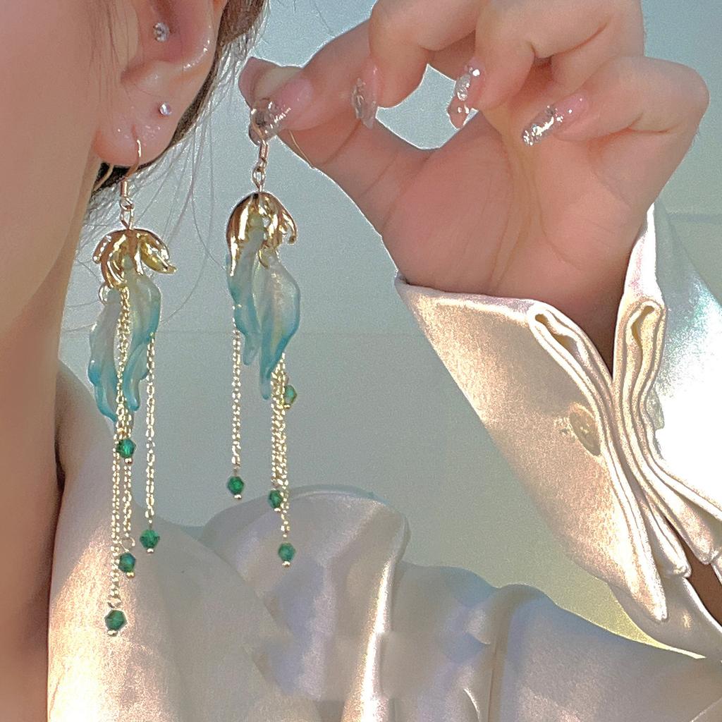 Steel Fun Zircon New Chinese Style Fan Shell Pendent Long Tassel Dangle National Style Earrings for Women Zircon Gift 2024
