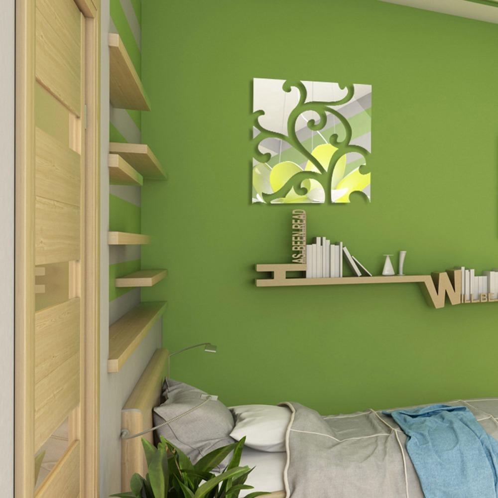 4pcs 20x20cm Mirror Wall Stickers Self Adhesive Slivery DIY Wall Art 3D Effect Removable Wall Decal Mural Stair Wall Decor