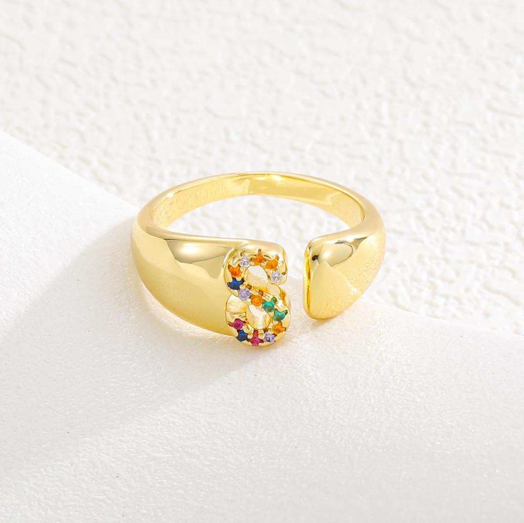 Fashionable Colorful Zircon Alphabet Adjustable Retro Ring