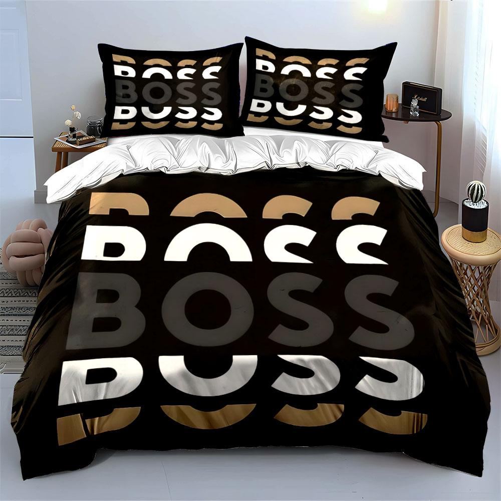 The pattern features "BOSS" text. Bedding sets Duvet cover sets Duvet covers Pillowcases(1 * Duvet Cover 2 * Pillowcases, without duvet insert)