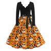 Women's Casual V-Neck Long Sleeve Halloween Print Vintage Dress for Halloween Party