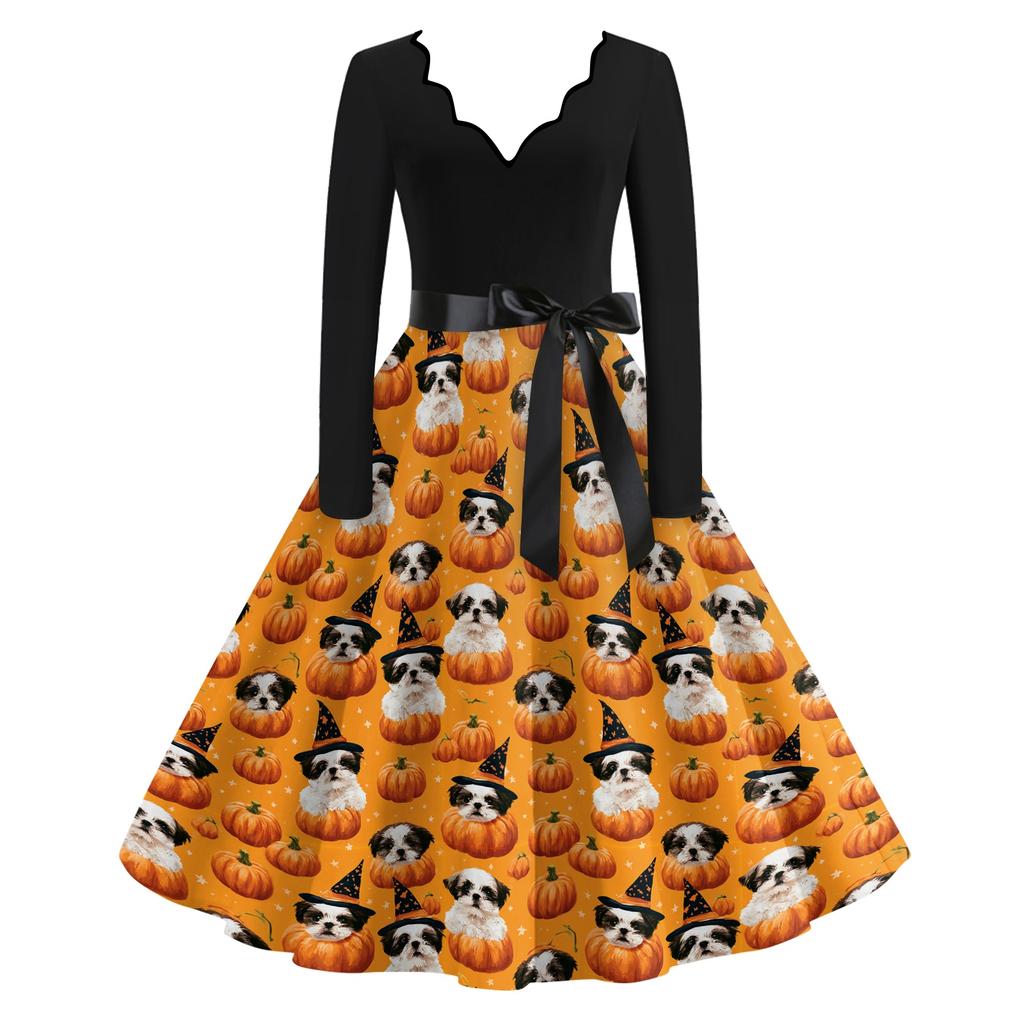 Women's Casual V-Neck Long Sleeve Halloween Print Vintage Dress for Halloween Party