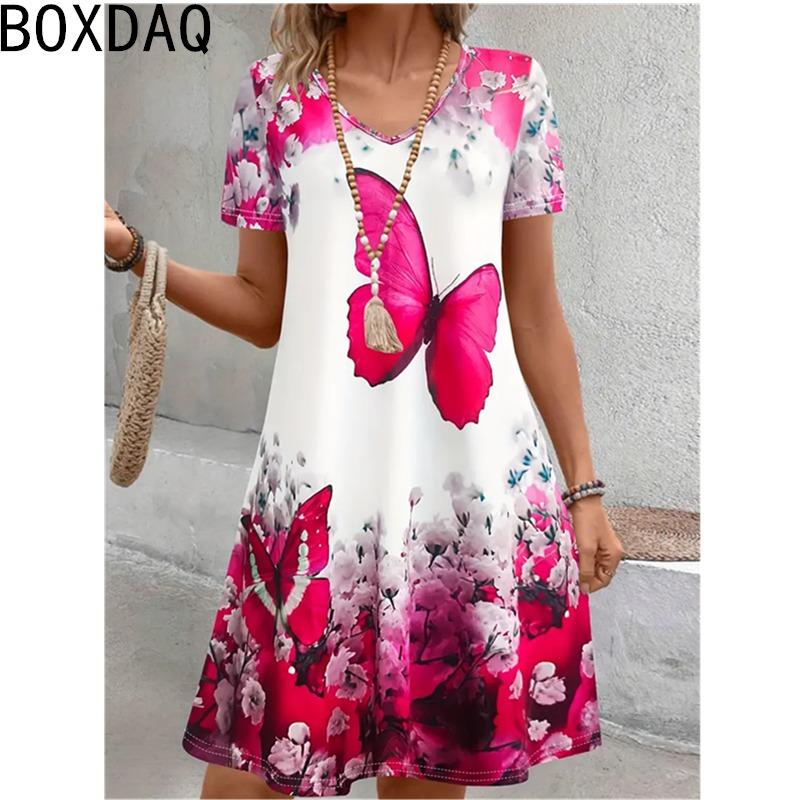 Women's Summer Short Sleeved V-neck Casual Dress 3D Vintage Flowers Printed Elegant A-line Dress