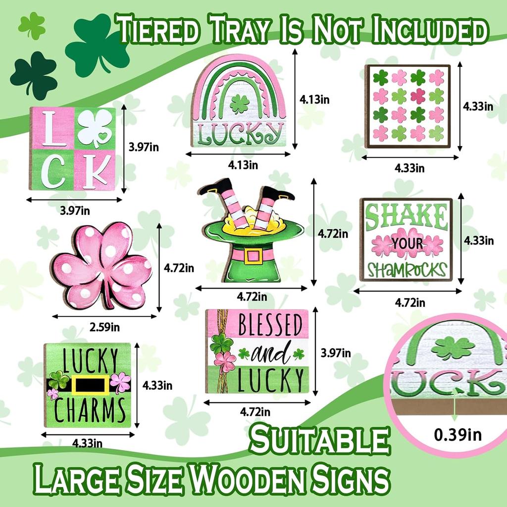 St. Patrick's Day Tiered Tray Decor, Pink Green Farmhouse Tray Decorations, Lucky Polka Dot Shamrock Clover Top Hat Wooden Signs, Rustic Spring