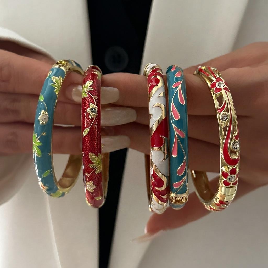 Colorful Flower Enameled Bracelets for Women Retro Gold Color Cloisonne Peony Filigree Flower Bangle New Charms Party Jewelry