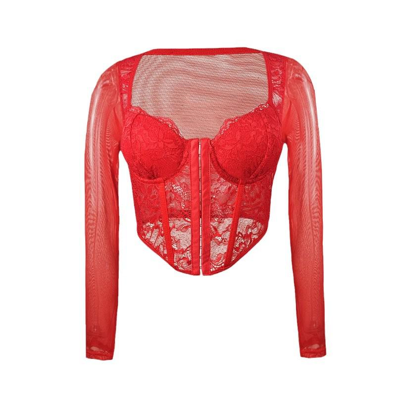 Sexy European & American Lace Mesh Square Neck Long Sleeve Crop Top M