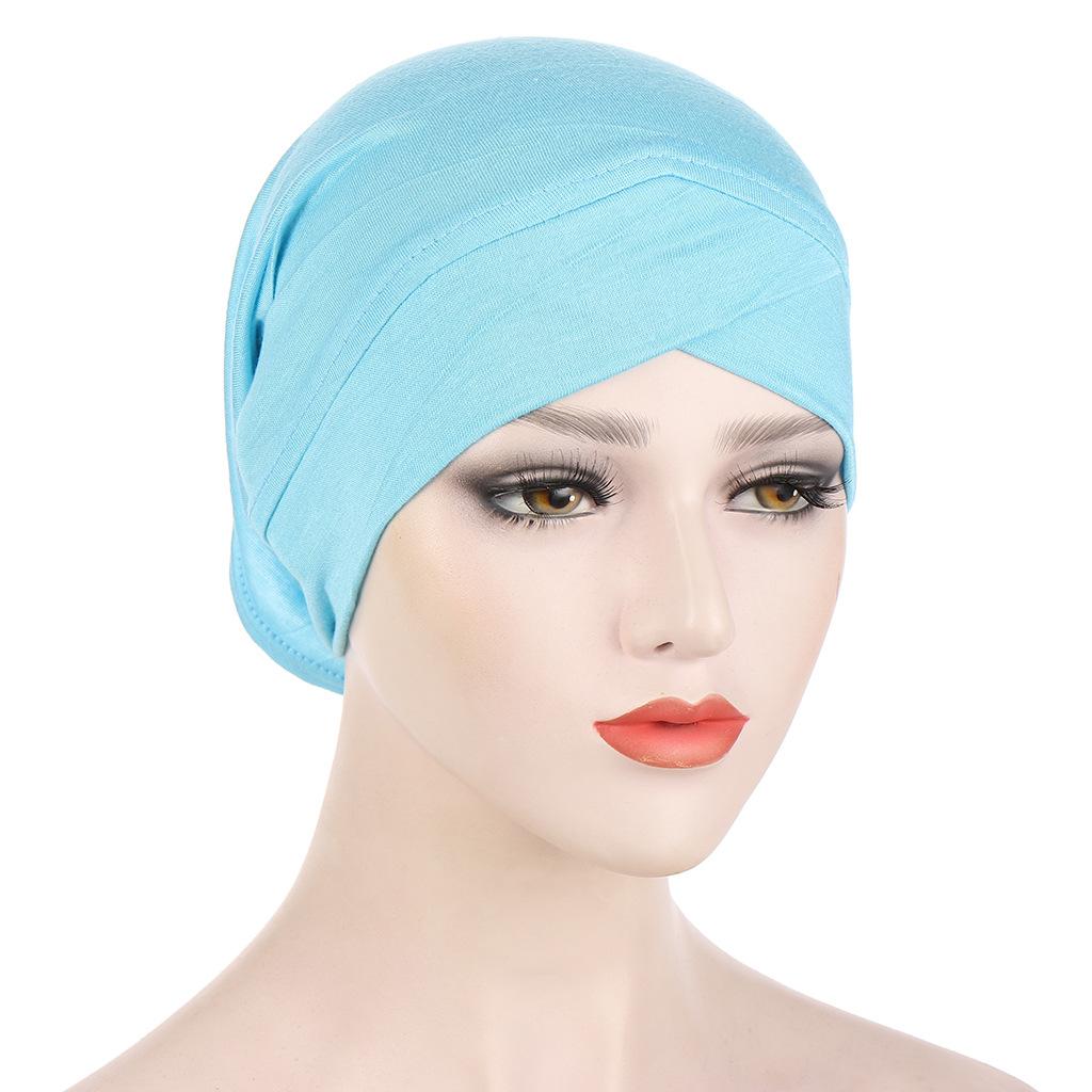 Solid Color Frontal Cross Women Muslim Hijab Caps Wrap Head Soft Elastic Turban Bonnet Chemo Cap Fashion Headdress Wearable