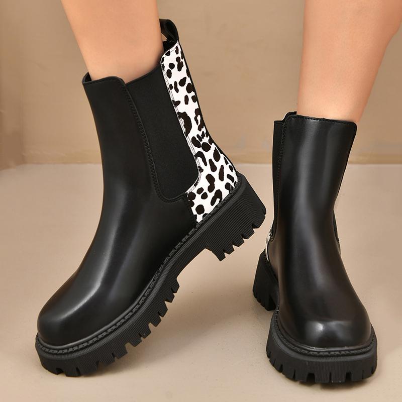 Fashion Fashion Leopard Print Platform Chelsea Boots Women Slip On Plus Size Thick Sole Ankle Boots Woman Pu Leather Short Booties Mujer
