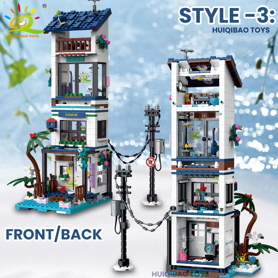 City Street View Seaside 3in1 Holiday Villa Model Construction Blocks DIY Seaside House Architecture Ornament Bricks Playthings