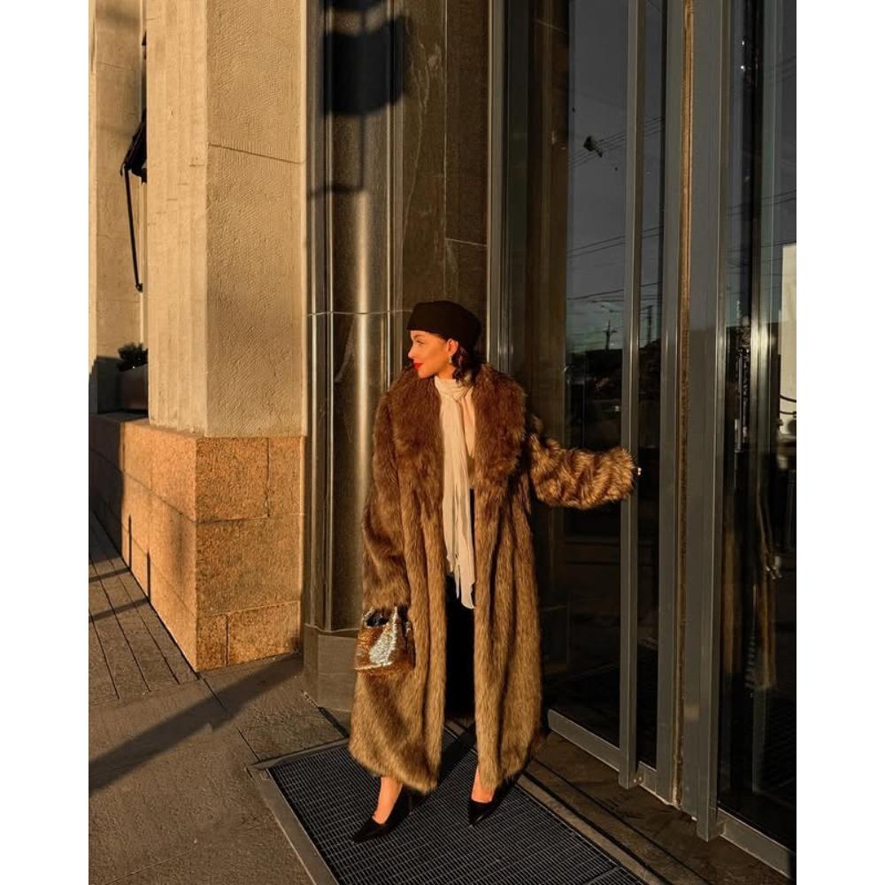 Women's Scarf Collar Long Sleeve Faux Fur Coat Loose Fit Urban Fleece Outerwear