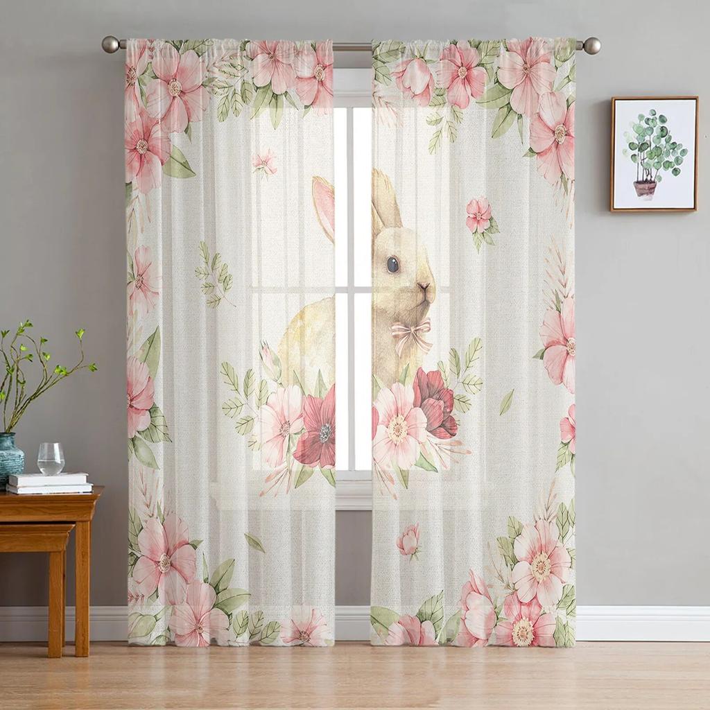 Wielkanocne jaja króliczka wiosenne kwiaty tiulowe zasłony do salonu sypialnia przezroczysta zasłona typu woal okno Home Decor zasłony