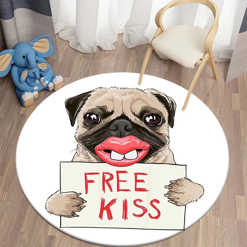 Cute Pug Dog Round Carpet Kawaii Pet Area Rug for Living Room Bedroom Decor Anti-Slip Floor Mat Circle Kitchen Entrance Doormat