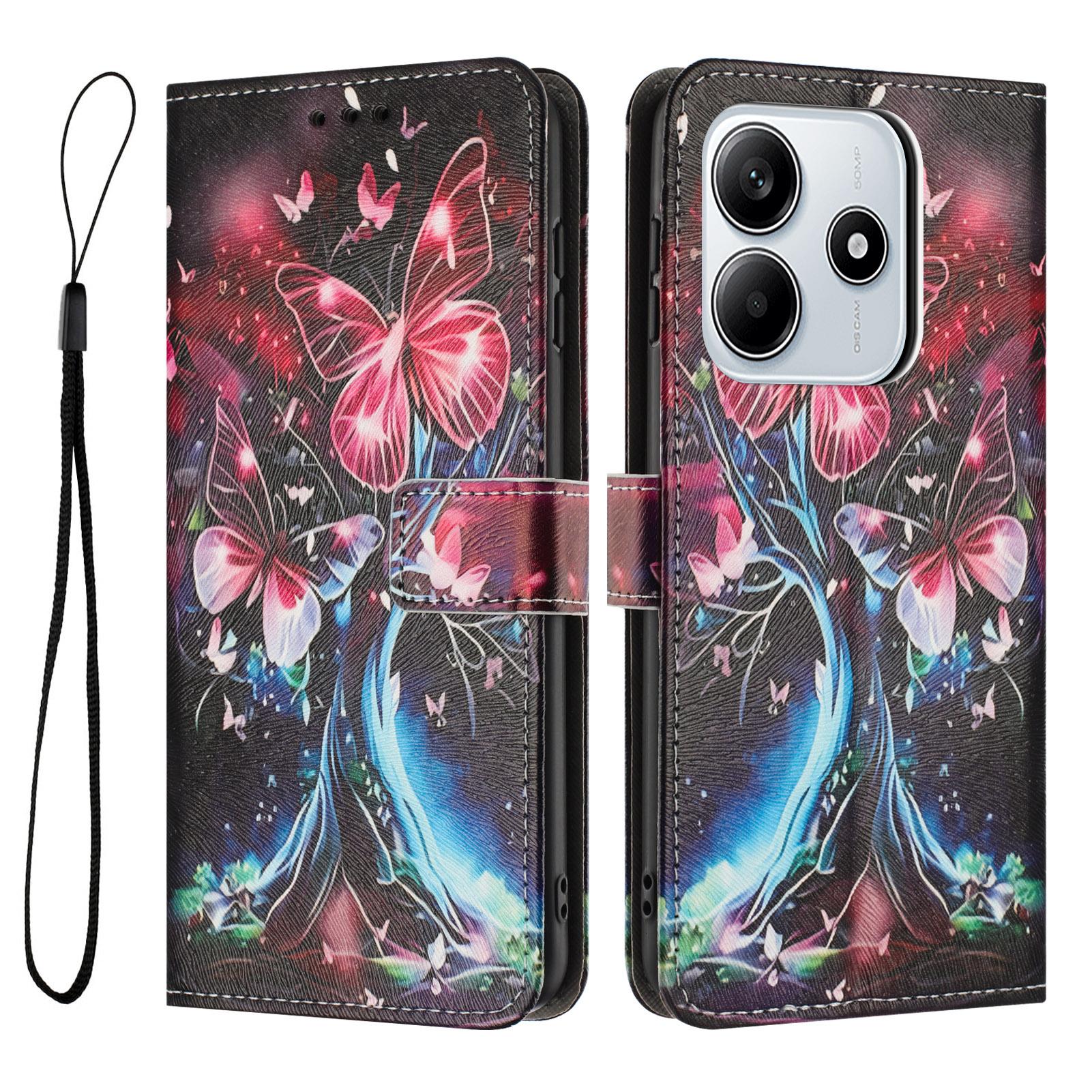 

YX-2501 For Xiaomi Redmi Note 14 5G Case Pattern Printing PU Leather Wallet Phone Cover with Lanyard Butterfly Tree