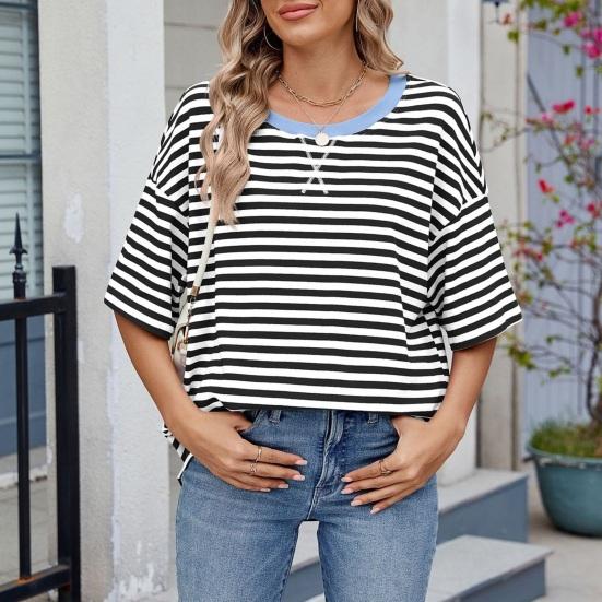 Women T-shirt Loose Fit Striped Print Round Neck Short Sleeve Tee Tops Elastic Fit Summer Pullover Tops