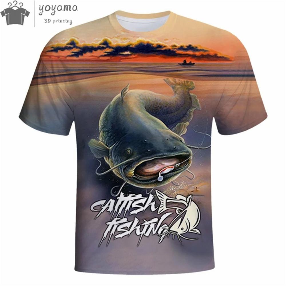 

Summer men s T-shirt 3D catfish print short sleeved outdoor fishing sports fashionable casual round neck top oversized T-shirt XS