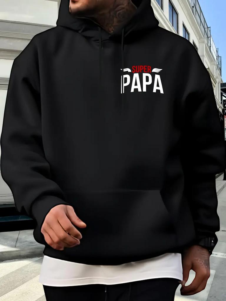 Casual Fleece-Lined Hoodie with "SUPER PAPA" Graphic Print - Black Regular Fit All-Season Comfort