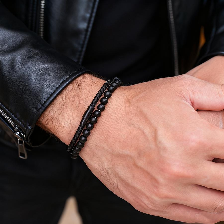 

Noter 2Pcs Hiphop Bracelet Set For Men 5 Colors Available High Quality 4mm Keel String 6mm Onyx Stone Healing Braslet Bangle чорний