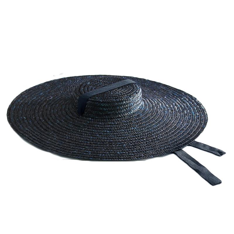 Cappello di Paglia a Tesa Larga 15cm con Parte Superiore Piatta Cappelli Estivi da Spiaggia per Donna Cappello Boater con Nastro Cappello da Sole Grigio Nero Rosso Rosa Blu Con Laccetto Sottogola