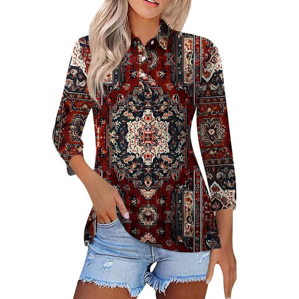 Women's Fashion Casual Lapel Short 3/4 Sleeve Print Shirt Women's Button Up Tops